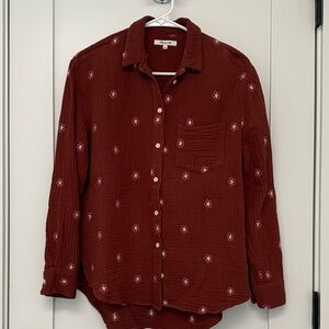 Madewell Maroon Button-Down Quilted Shirt with Floral Details